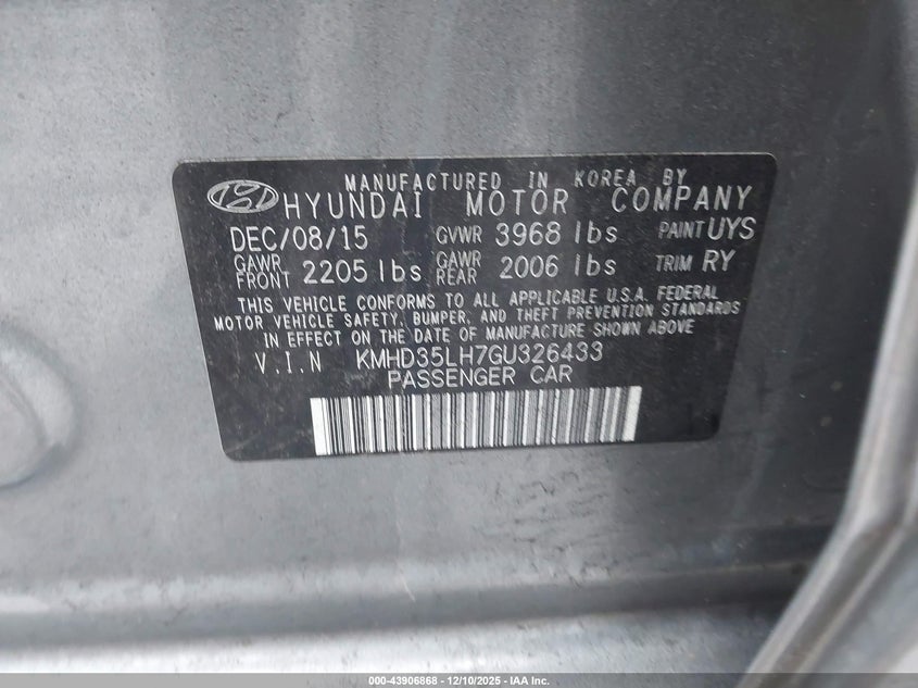 2016 Hyundai Elantra VIN KMHD35LH7GU326433 IAAI salvage auction — SIDE, Salvage (Ohio), sold $825 on 2026-07-31 (photo 9)