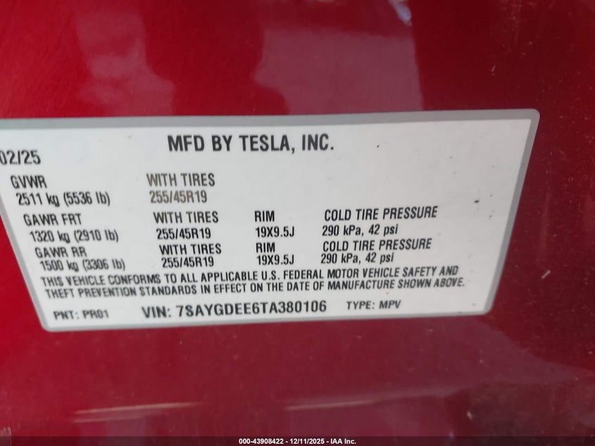 2026 Tesla Model y VIN 7SAYGDEE6TA380106 IAAI salvage auction — FRONT & REAR, Mv-907A (New York), sold $9,775 on 2026-07-28 (photo 8)
