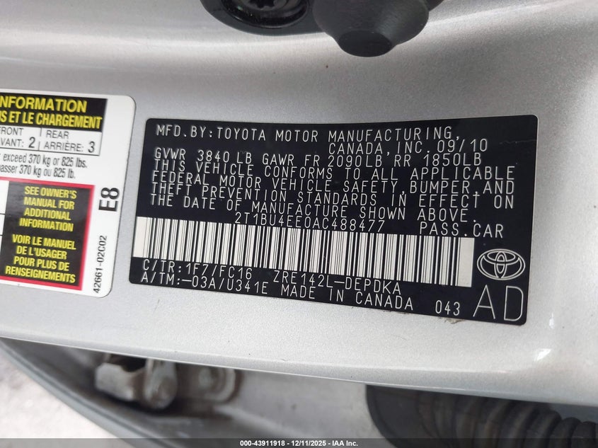 2010 Toyota Corolla VIN 2T1BU4EE0AC488477 IAAI salvage auction — LEFT FRONT, Salvage (Hawaii), sold $375 on 2026-07-26 (photo 9)