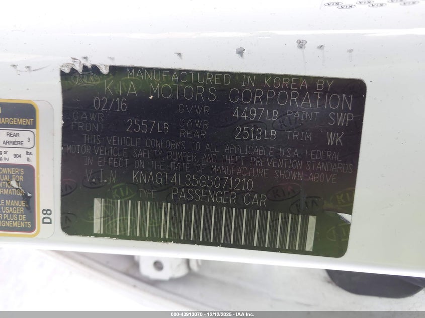 2016 Kia Optima VIN KNAGT4L35G5071210 IAAI salvage auction — ROLLOVER, Salvage (Indiana), sold $750 on 2026-07-07 (photo 9)