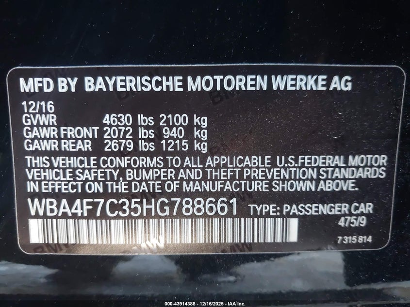 2017 BMW 4 series VIN WBA4F7C35HG788661 IAAI salvage auction — UNKNOWN, Salvage (Pennsylvania), sold $4,000 on 2026-07-14 (photo 9)