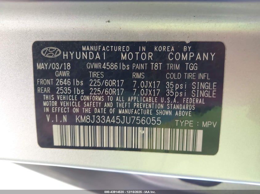 2018 Hyundai Tucson VIN KM8J33A45JU756055 IAAI salvage auction — THEFT, Salvage (North Carolina), sold $1,350 on 2026-07-27 (photo 9)