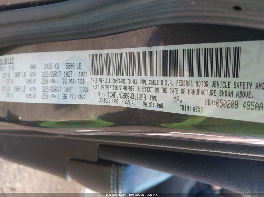 2016 Jeep Cherokee VIN 1C4PJMCB8GW311098 IAAI salvage auction — MECHANICAL, Other, sold $1,575 on 2026-08-14 (photo 9)