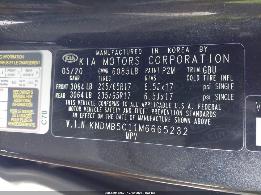 2021 Kia SEDONA VIN KNDMB5C11M6665232 IAAI salvage auction — FRONT END, Salvage Title, sold $3,650 on 2026-07-07 (photo 9)