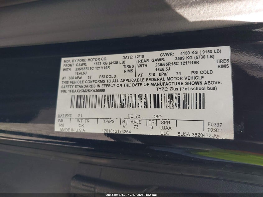 2019 Ford Transit VIN 1FBAX2CM8KKA36704 IAAI salvage auction — THEFT, Salvage Title, sold $5,000 on 2026-07-23 (photo 9)