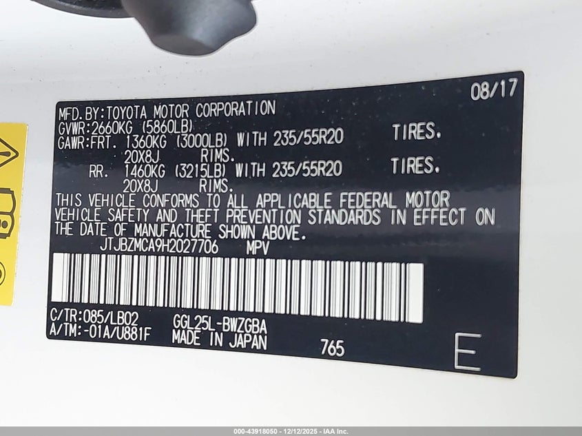2017 Lexus Rx 350 VIN JTJBZMCA9H2027706 IAAI salvage auction — REAR END, Salvage (Colorado), sold $13,200 on 2026-07-14 (photo 9)