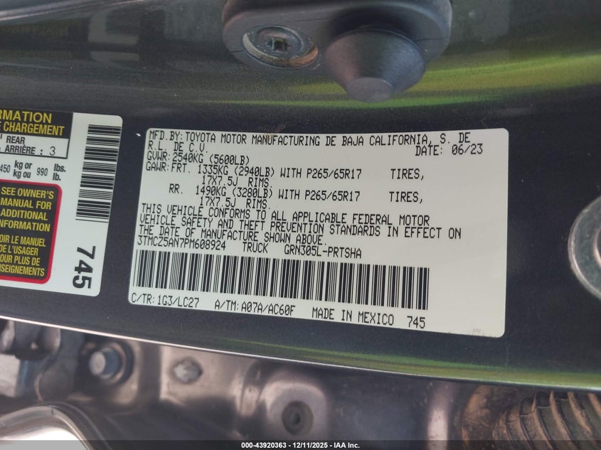 2023 Toyota Tacoma VIN 3TMCZ5AN7PM608924 IAAI salvage auction — Front End, Salvage (Texas), sold $9,500 on 2026-02-04 (photo 9)
