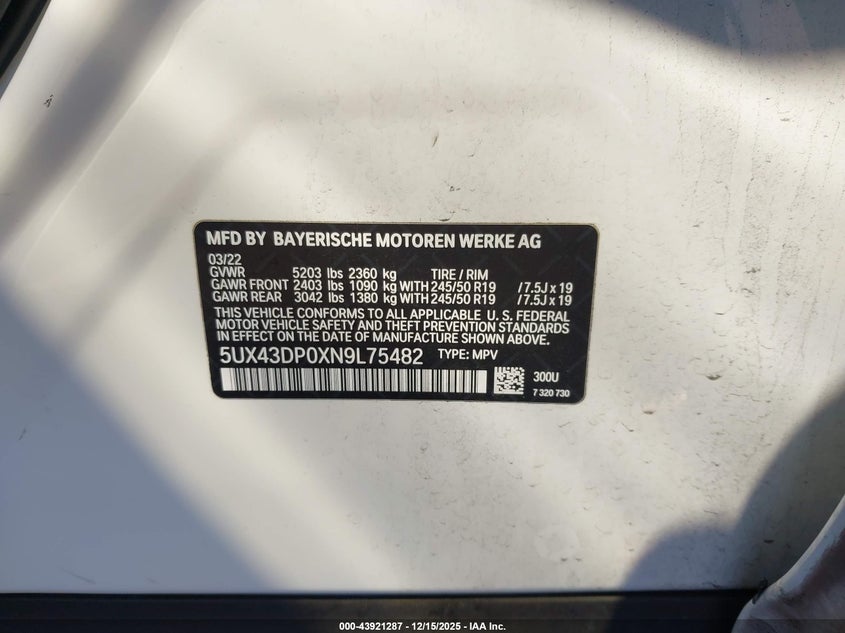 2022 BMW X3 VIN 5UX43DP0XN9L75482 IAAI salvage auction — FRONT END, Salvage Title, sold $5,550 on 2026-07-13 (photo 9)