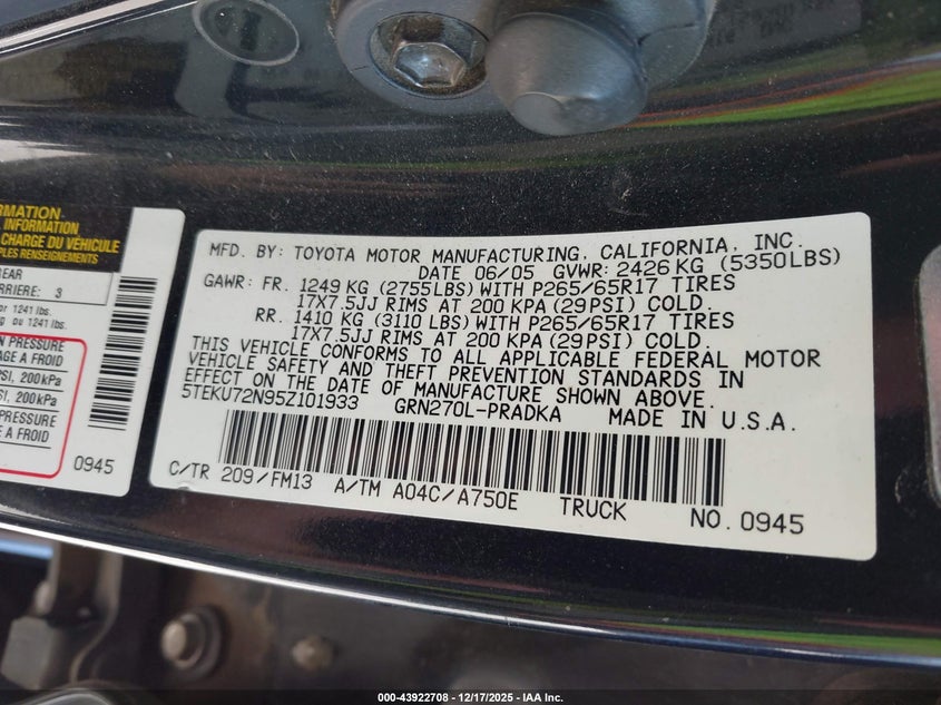 2005 Toyota Tacoma VIN 5TEKU72N95Z101933 IAAI salvage auction — FRONT END, Clear (California), sold $3,100 on 2026-07-22 (photo 9)