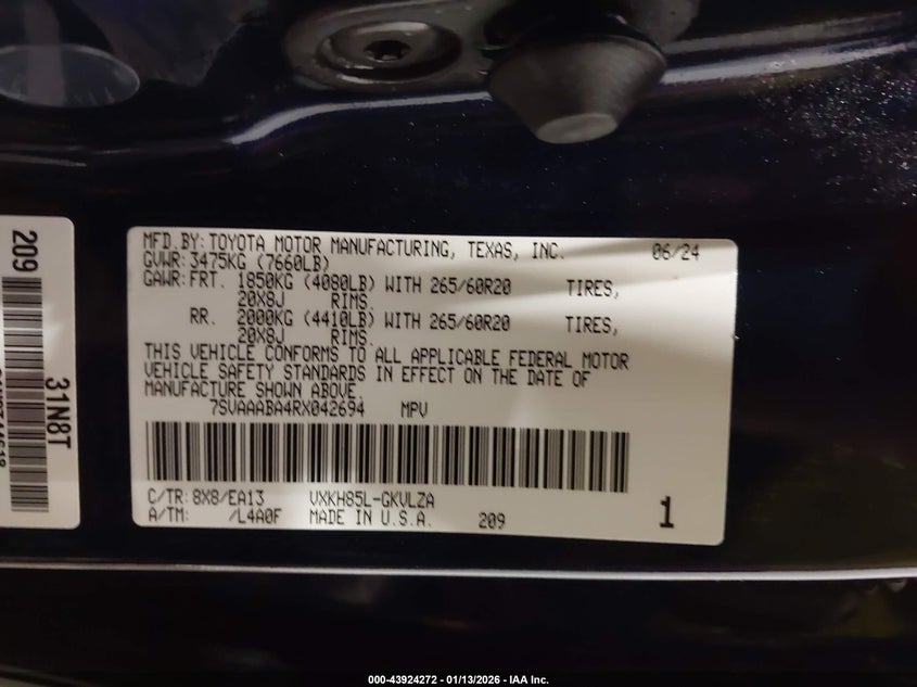 2024 Toyota Sequoia VIN 7SVAAABA4RX042694 IAAI salvage auction — Front End, Salvage (Nebraska), sold $19,400 on 2026-06-18 (photo 9)