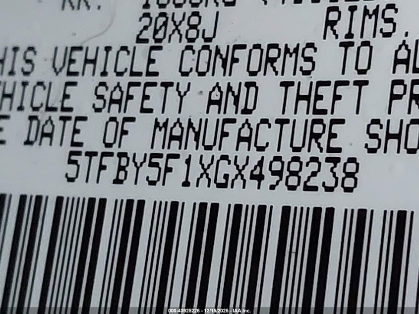 2016 Toyota Tundra VIN 5TFBY5F1XGX498238 IAAI salvage auction — FRONT END, Salvage Title, sold $16,550 on 2026-07-22 (photo 9)