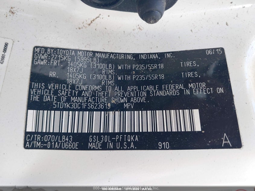 2015 Toyota Sienna VIN 5TDYK3DC1FS623619 IAAI salvage auction — BIO HAZARD, Salvage (North Carolina), sold $25 on 2026-07-29 (photo 9)