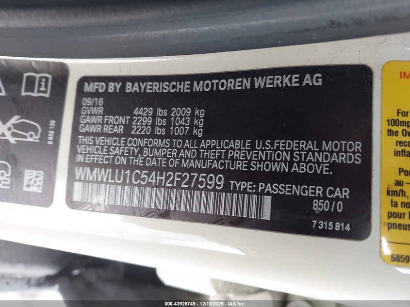 2017 Mini Cooper clubman VIN WMWLU1C54H2F27599 IAAI salvage auction — FRONT END, Salvage (Pennsylvania), sold $850 on 2026-07-28 (photo 9)