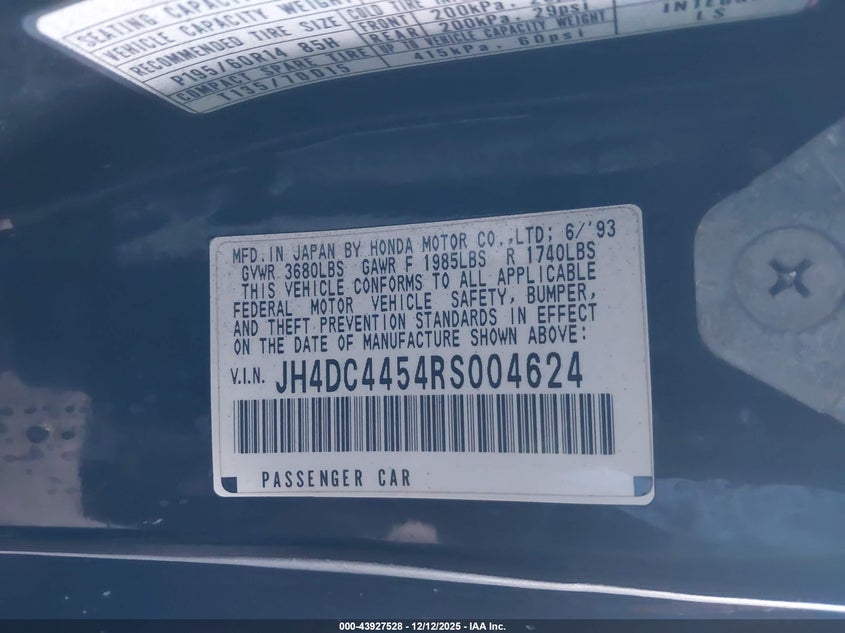 1994 Acura Integra VIN JH4DC4454RS004624 IAAI salvage auction — THEFT, Salvage (California), sold $550 on 2026-07-15 (photo 9)