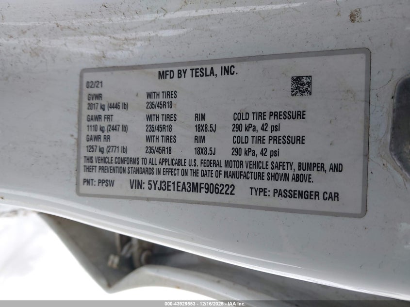 2021 Tesla Model 3 VIN 5YJ3E1EA3MF906222 IAAI salvage auction — REAR END, Mv-907A (New York), sold $5,800 on 2026-07-31 (photo 9)