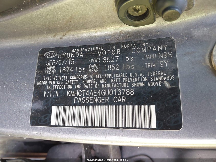 2016 Hyundai Accent VIN KMHCT4AE4GU013788 IAAI salvage auction — REAR END, Salvage (California), sold $525 on 2026-07-20 (photo 9)