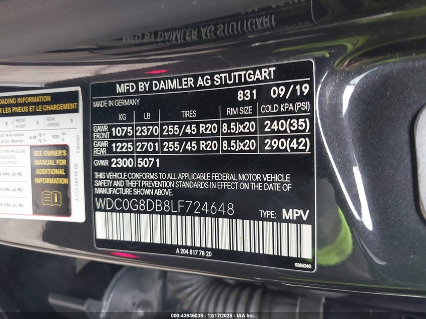 2020 Mercedes-benz Glc VIN WDC0G8DB8LF724648 IAAI salvage auction — LEFT SIDE, Salvage Title, sold $12,800 on 2026-07-20 (photo 9)