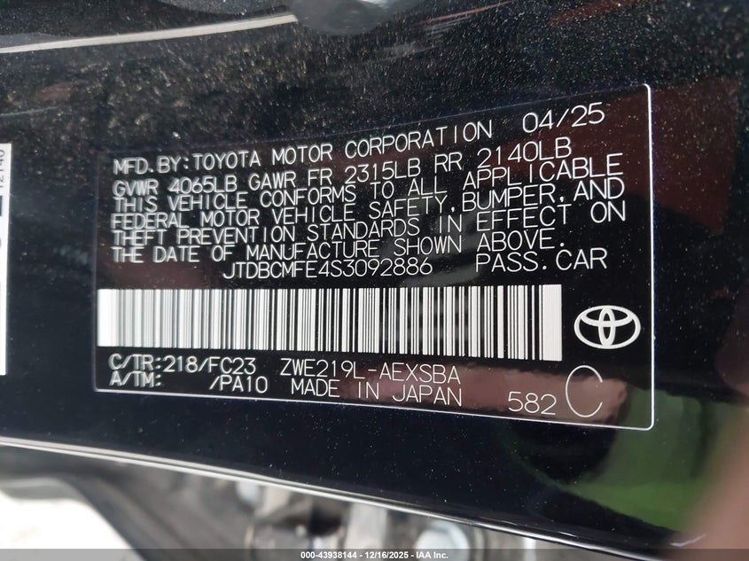 2025 Toyota Corolla VIN JTDBCMFE4S3092886 IAAI salvage auction — LEFT SIDE, Clear (Oklahoma), sold $9,300 on 2026-07-28 (photo 9)
