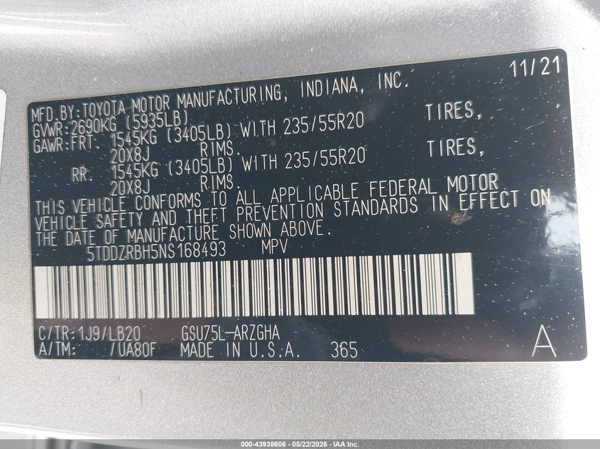 2022 Toyota Highlander VIN 5TDDZRBH5NS168493 IAAI salvage auction — THEFT, Mv-907A (New York), sold $15,300 on 2026-07-28 (photo 9)