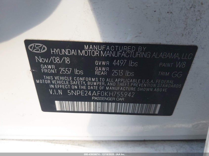 2019 Hyundai Sonata VIN 5NPE24AF0KH755942 IAAI salvage auction — RIGHT SIDE, Other, sold $2,300 on 2026-07-18 (photo 9)