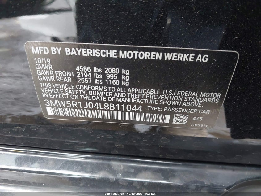 2020 BMW 3 series VIN 3MW5R1J04L8B11044 IAAI salvage auction — FRONT END, Other, sold $10,600 on 2026-07-30 (photo 9)