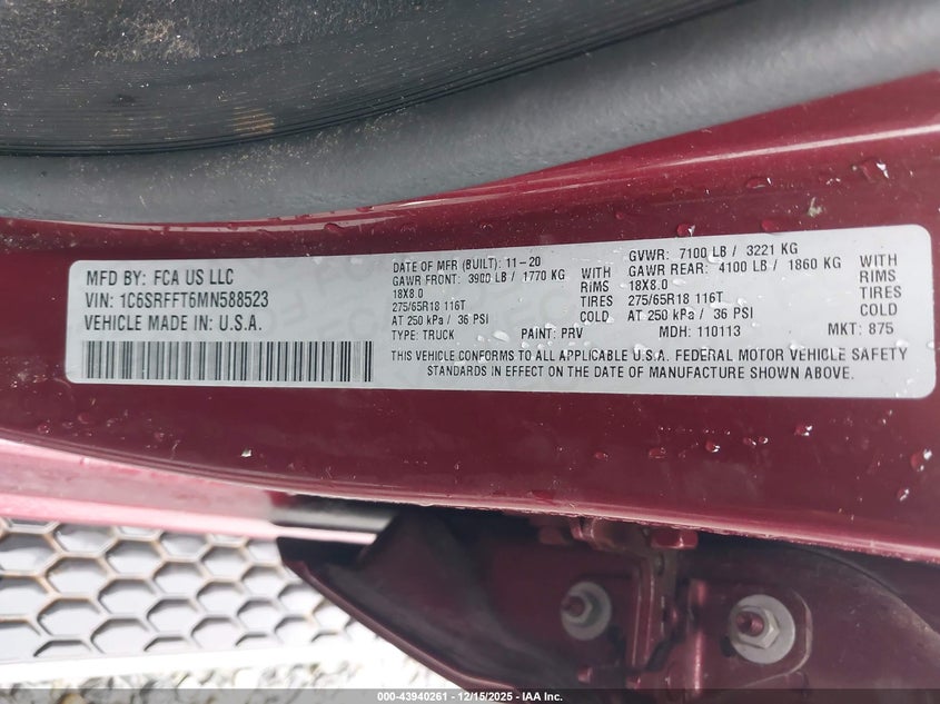 2021 Ram 1500 VIN 1C6SRFFT6MN588523 IAAI salvage auction — FRONT END, Salvage Title, sold $6,400 on 2026-07-30 (photo 9)