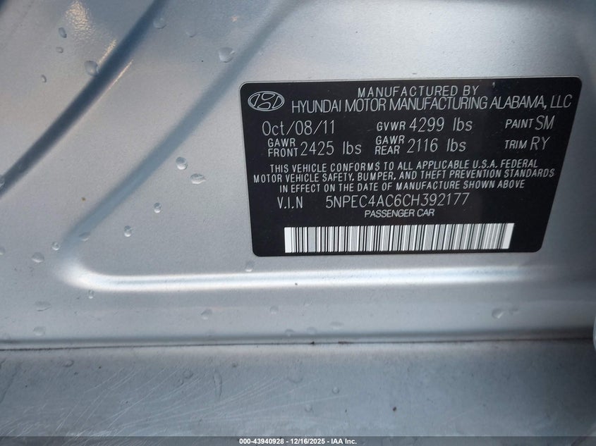 2012 Hyundai Sonata VIN 5NPEC4AC6CH392177 IAAI salvage auction — FRONT END, Salvage (Georgia), sold $500 on 2026-07-08 (photo 9)