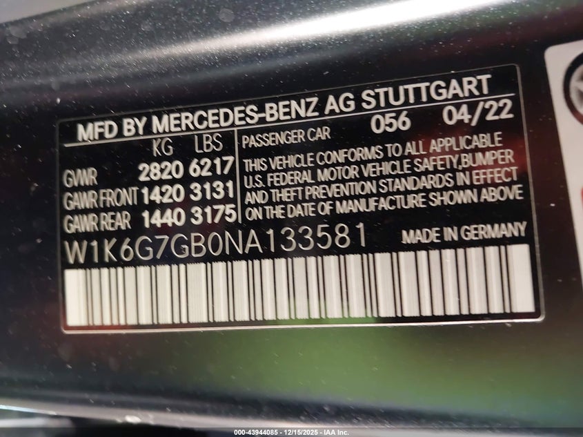 2022 Mercedes-benz S-klasse VIN W1K6G7GB0NA133581 IAAI salvage auction — RIGHT FRONT, Salvage (California), sold $34,025 on 2026-07-07 (photo 9)