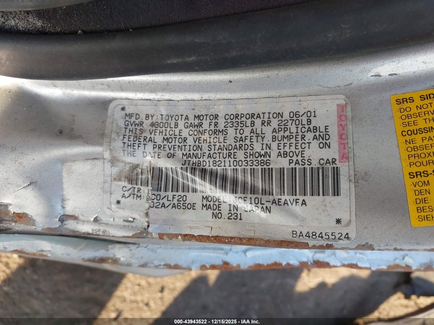 2001 Lexus Is VIN JTHBD182110033386 IAAI salvage auction — ROLLOVER, Non-Repairable (California), sold $25 on 2026-07-21 (photo 9)