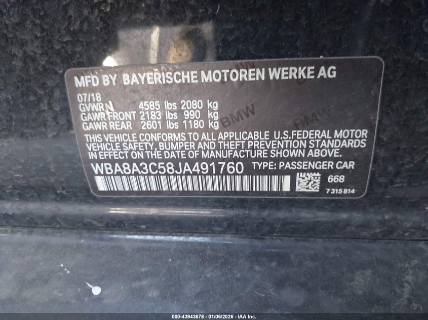 2018 BMW 3er VIN WBA8A3C58JA491760 IAAI salvage auction — REAR END, Clear (Oklahoma), sold $6,300 on 2026-08-19 (photo 9)