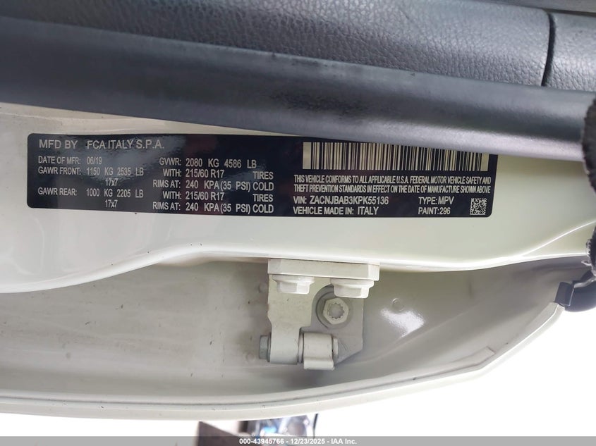 2019 Jeep Renegade VIN ZACNJBAB3KPK55136 IAAI salvage auction — REAR END, Salvage (Nevada), sold $2,800 on 2026-07-09 (photo 9)