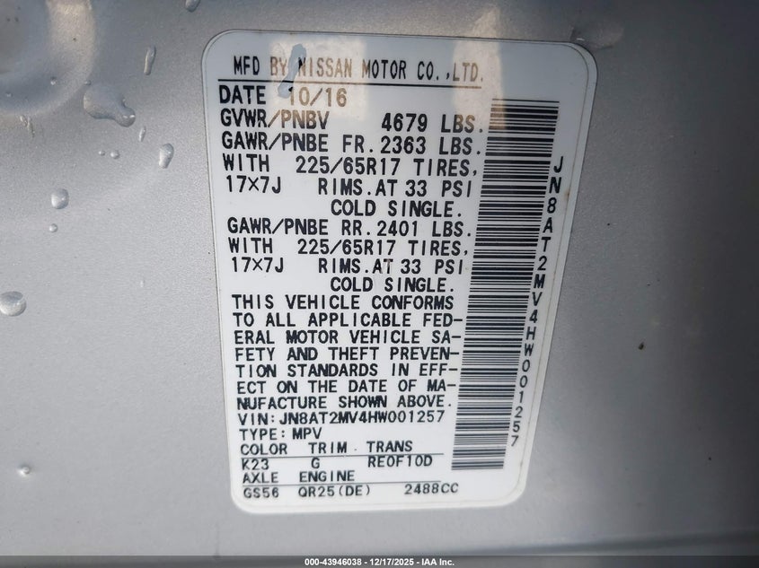 2017 Nissan Rogue VIN JN8AT2MV4HW001257 IAAI salvage auction — ROLLOVER, Salvage Title, sold $800 on 2026-07-16 (photo 9)