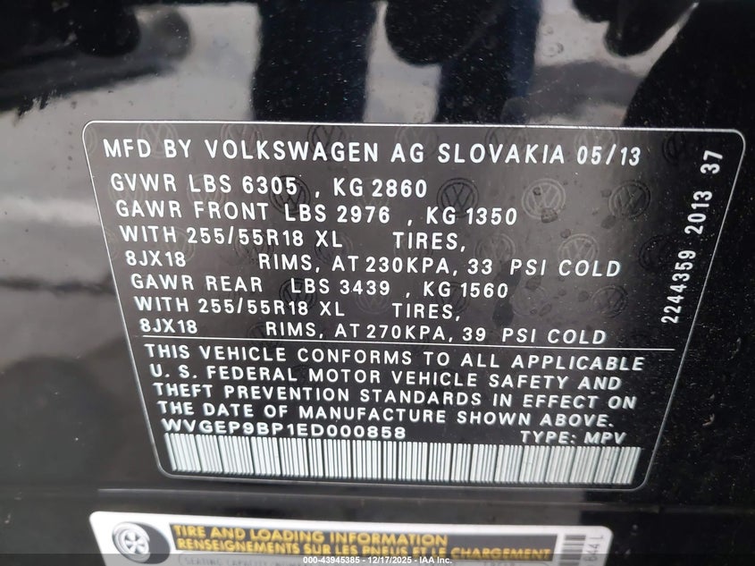 2014 Volkswagen Touareg VIN WVGEP9BP1ED000858 IAAI salvage auction — RIGHT SIDE, Other, sold $825 on 2026-07-22 (photo 9)