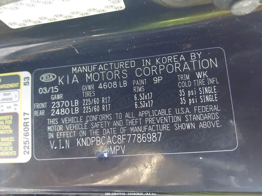 2015 Kia Sportage VIN KNDPBCAC8F7786987 IAAI salvage auction — ROLLOVER, Salvage Title, sold $275 on 2026-07-22 (photo 9)