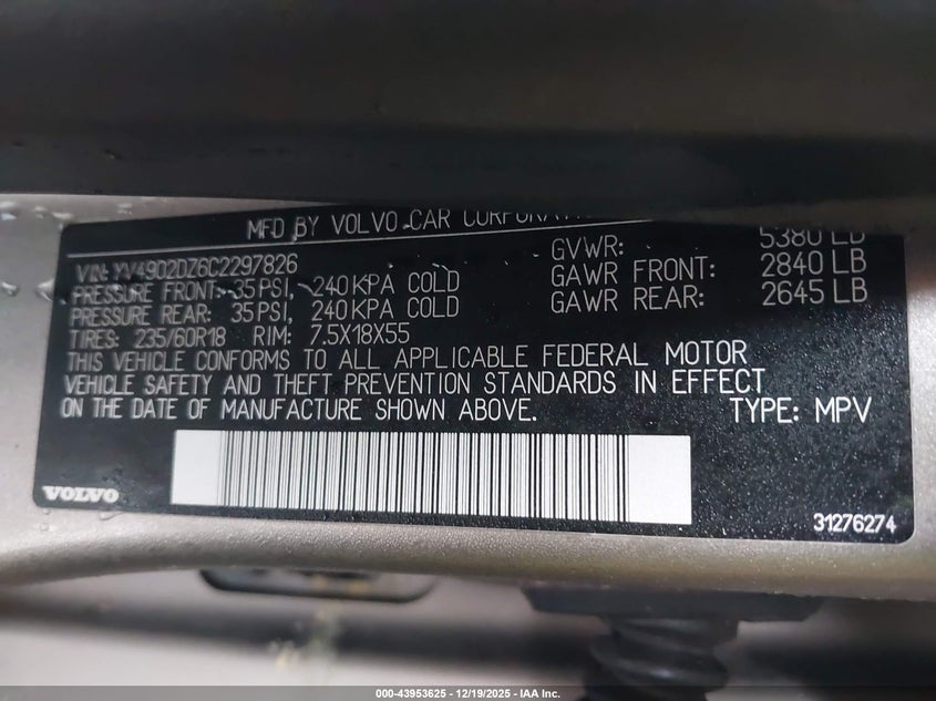 2012 Volvo Xc60 VIN YV4902DZ6C2297826 IAAI salvage auction — REAR END, Clear (New York), sold $400 on 2026-07-30 (photo 9)