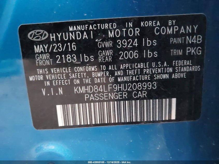 2017 Hyundai Elantra VIN KMHD84LF9HU208993 IAAI salvage auction — THEFT, Salvage (Illinois), sold $25 on 2026-07-28 (photo 9)