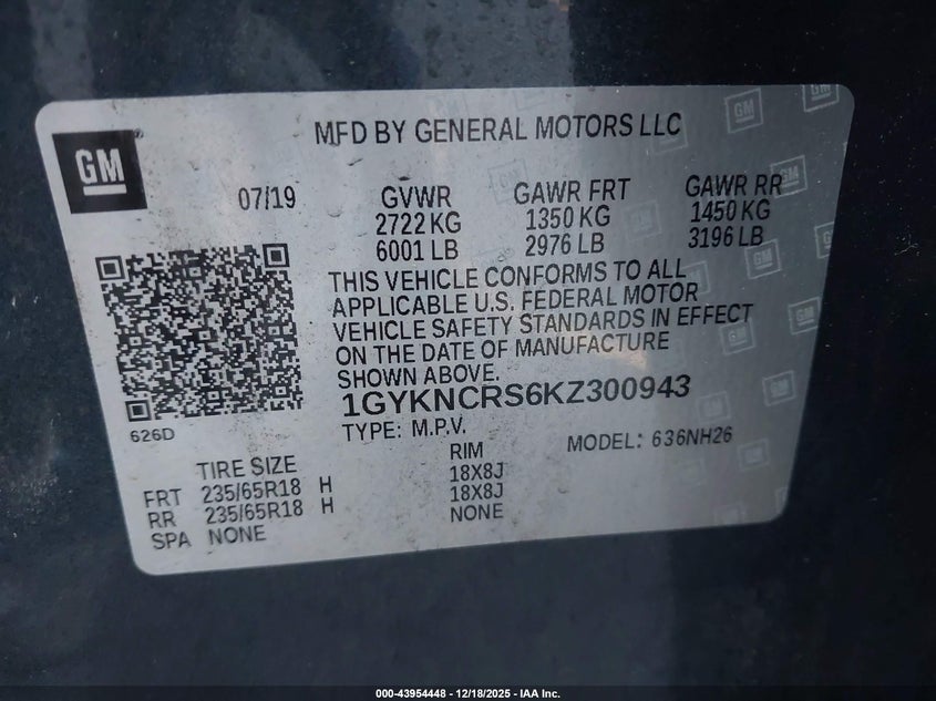 2019 Cadillac Xt5 VIN 1GYKNCRS6KZ300943 IAAI salvage auction — FRONT END, Salvage Title, sold $625 on 2026-07-23 (photo 9)