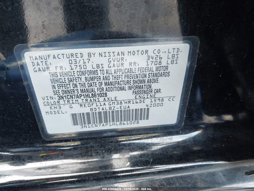 2017 Nissan Versa VIN 3N1CN7AP1HL861028 IAAI salvage auction — FRONT END, Salvage (Hawaii), sold $150 on 2026-07-24 (photo 9)