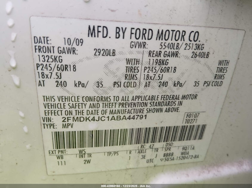 2010 Ford Edge VIN 2FMDK4JC1ABA44791 IAAI salvage auction — SIDE, Salvage (West Virginia), sold $175 on 2026-07-25 (photo 9)