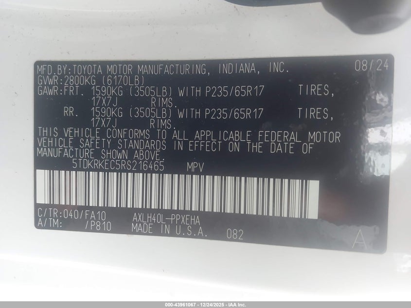 2024 Toyota Sienna VIN 5TDKRKEC5RS216465 IAAI salvage auction — RIGHT SIDE, Salvage (Arkansas), sold $20,000 on 2026-07-29 (photo 9)