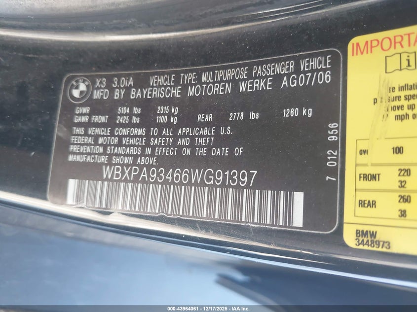 2006 BMW X3 VIN WBXPA93466WG91397 IAAI salvage auction — FRONT END, Clear (Wisconsin), sold $375 on 2026-07-07 (photo 9)