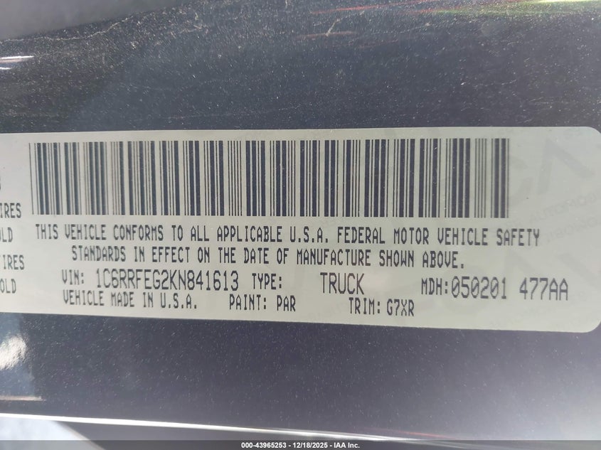 2019 Ram 1500 VIN 1C6RRFEG2KN841613 IAAI salvage auction — LEFT SIDE, Clear (Oklahoma), sold $25 on 2026-07-29 (photo 9)