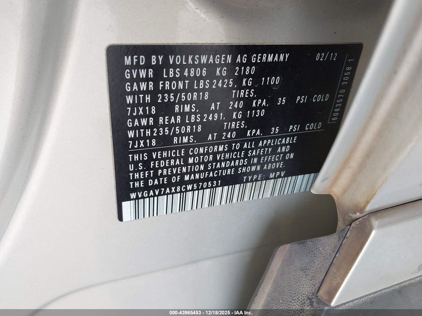 2012 Volkswagen Tiguan VIN WVGAV7AX8CW570531 IAAI salvage auction — RIGHT REAR, Rebuildable (Florida), sold $375 on 2026-07-22 (photo 9)