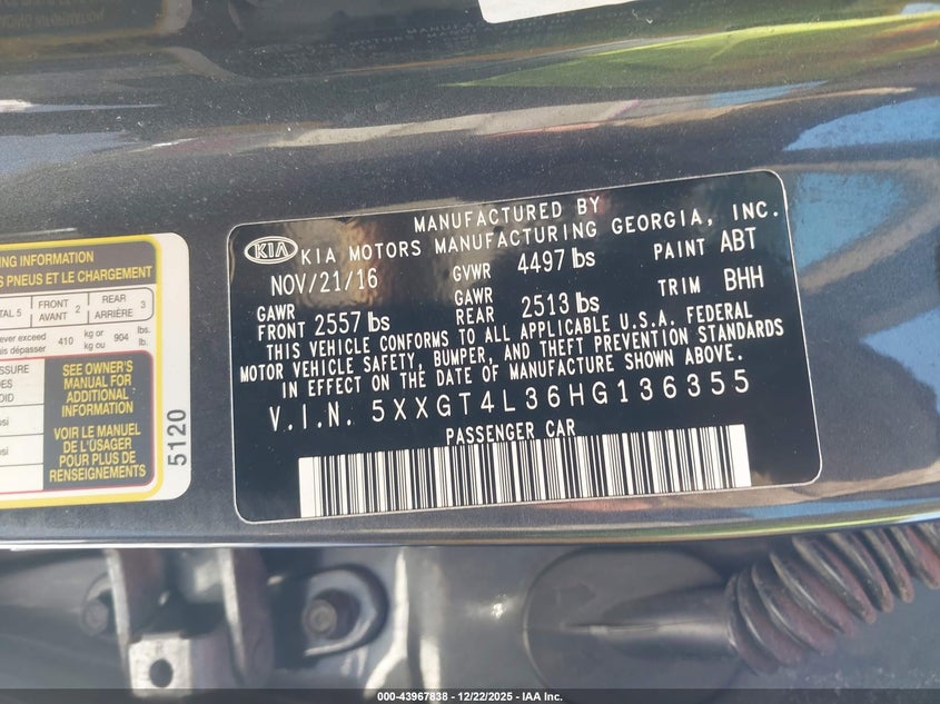 2017 Kia Optima VIN 5XXGT4L36HG136355 IAAI salvage auction — FRONT END, Mv-907A (New York), sold $750 on 2026-07-09 (photo 9)