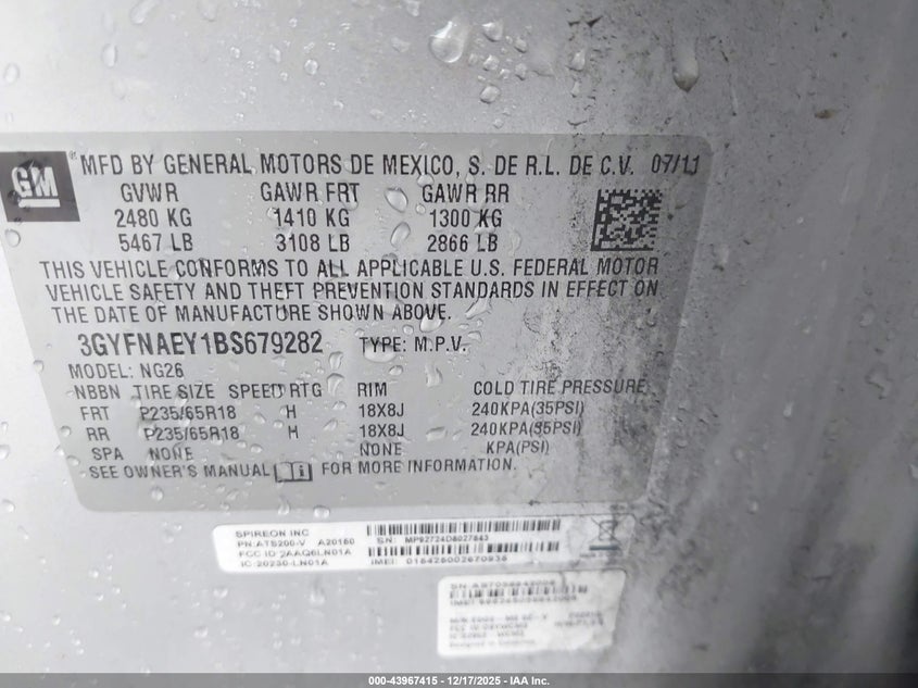 2011 Cadillac Srx VIN 3GYFNAEY1BS679282 IAAI salvage auction — RIGHT FRONT, Original (Texas), sold $550 on 2026-07-09 (photo 9)