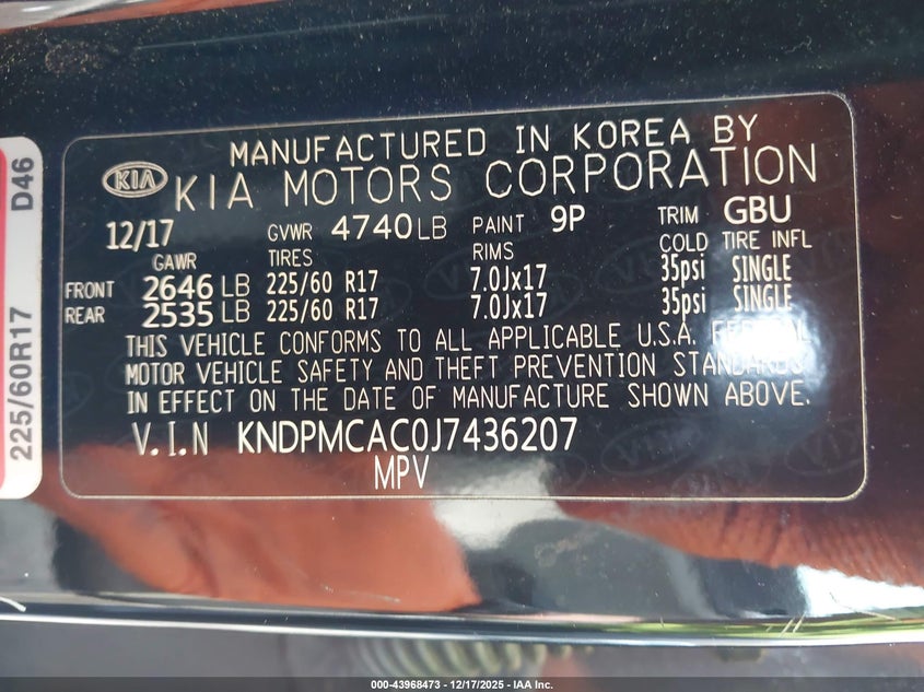 2018 Kia Sportage VIN KNDPMCAC0J7436207 IAAI salvage auction — FRONT & REAR, Salvage (Georgia), sold $4,275 on 2026-07-23 (photo 9)
