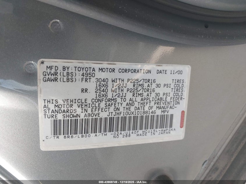 2001 Lexus Rx 300 VIN JTJHF10UX10188146 IAAI salvage auction — LEFT FRONT, Salvage (California), sold $100 on 2026-07-22 (photo 9)