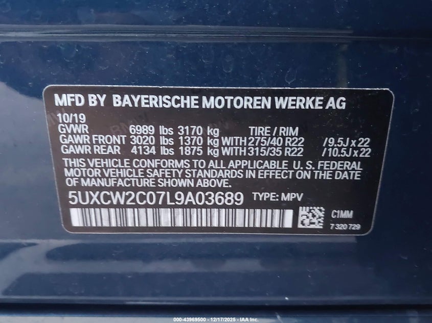 2020 BMW X7 VIN 5UXCW2C07L9A03689 IAAI salvage auction — RIGHT FRONT, Other, sold $17,700 on 2026-07-29 (photo 9)