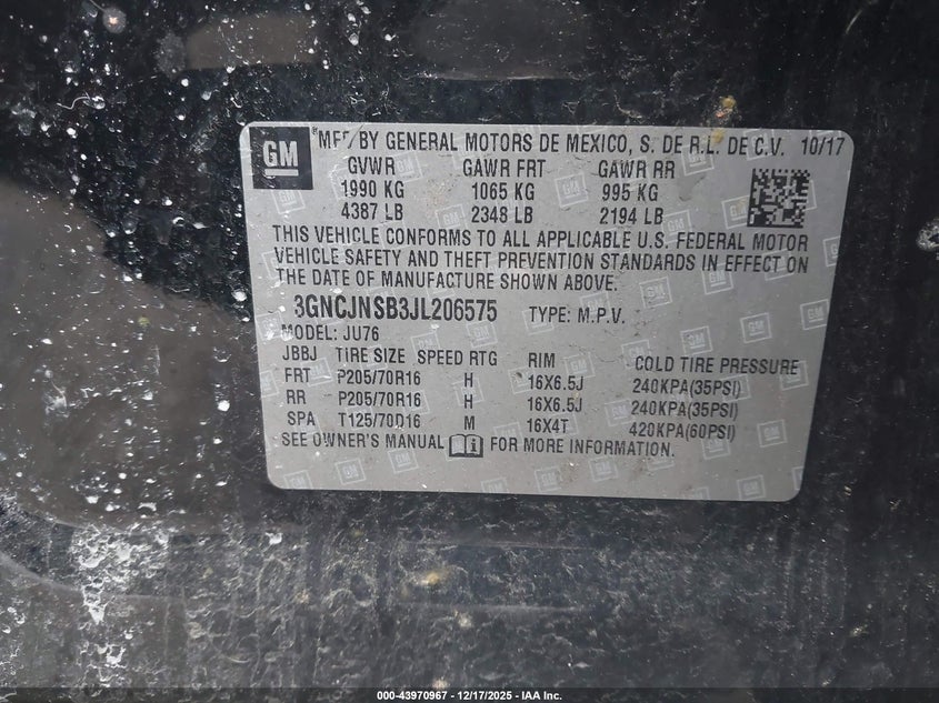 2018 Chevrolet Trax VIN 3GNCJNSB3JL206575 IAAI salvage auction — NORMAL WEAR, Other, sold $1,100 on 2026-07-22 (photo 9)
