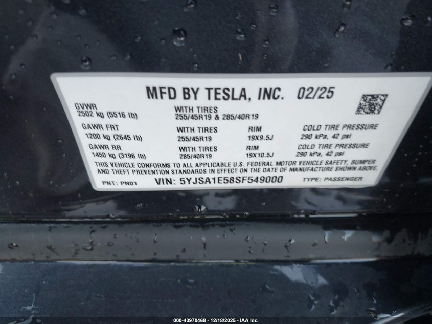 2025 Tesla Model s VIN 5YJSA1E58SF549000 IAAI salvage auction — FRONT END, Salvage Title, sold $9,200 on 2026-07-24 (photo 9)